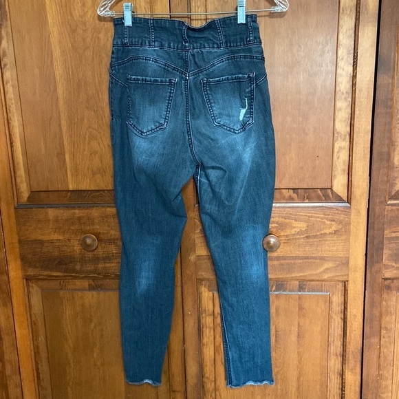 Destroyed Corset Waist Skinny Zipper/Button Fly Denim Jeans Darkwash Size 9 Jr - Picture 2 of 16
